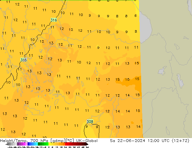 Height/Temp. 700 hPa UK-Global sab 22.06.2024 12 UTC