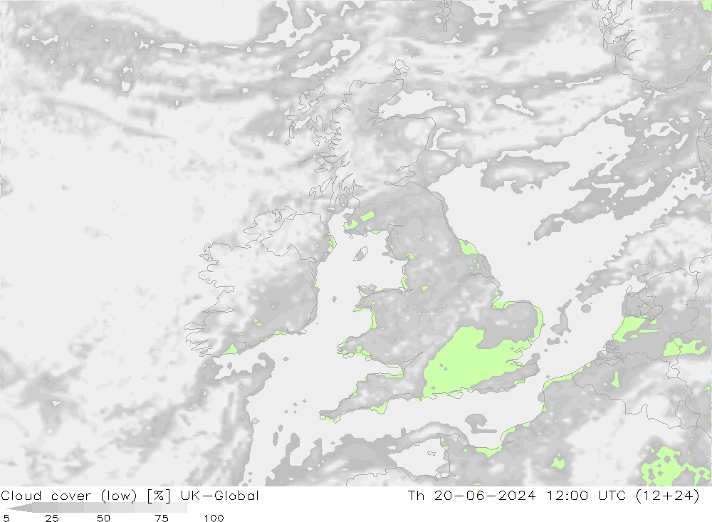 Cloud cover (low) UK-Global Th 20.06.2024 12 UTC