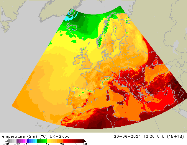Temperatura (2m) UK-Global Qui 20.06.2024 12 UTC