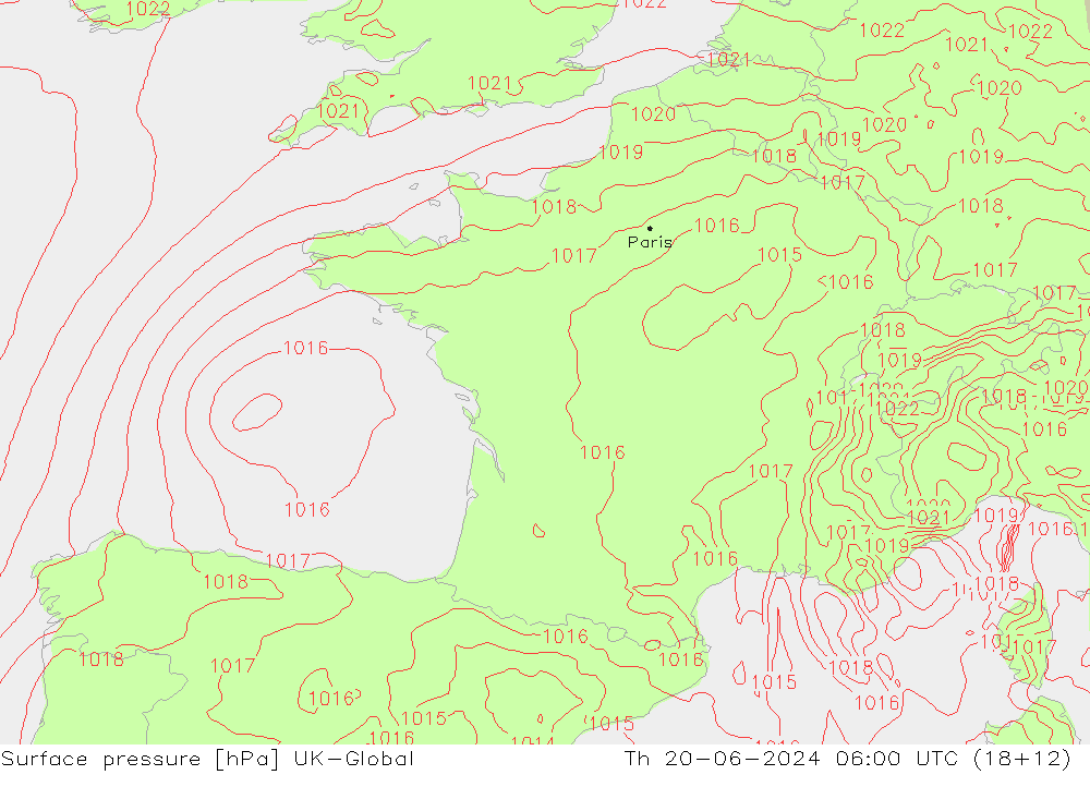 Atmosférický tlak UK-Global Čt 20.06.2024 06 UTC