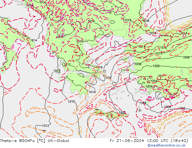 Theta-e 850hPa UK-Global Fr 21.06.2024 12 UTC