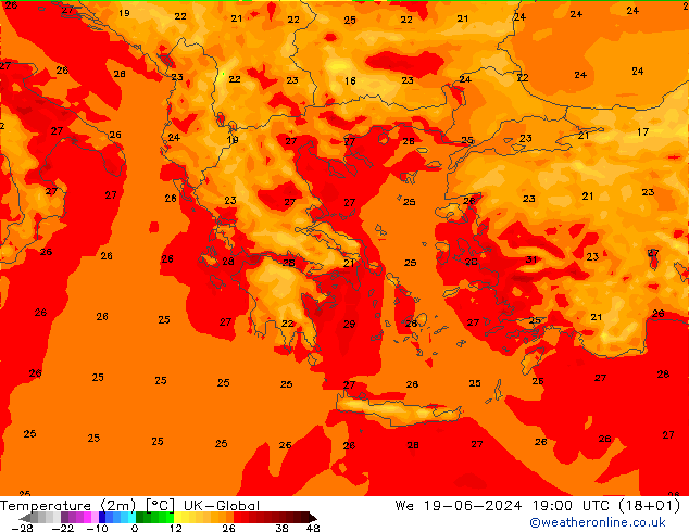 Temperatuurkaart (2m) UK-Global wo 19.06.2024 19 UTC