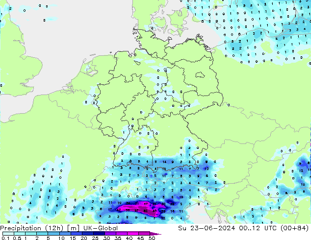 Precipitation (12h) UK-Global Ne 23.06.2024 12 UTC