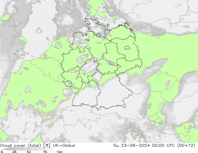 Bewolking (Totaal) UK-Global zo 23.06.2024 00 UTC