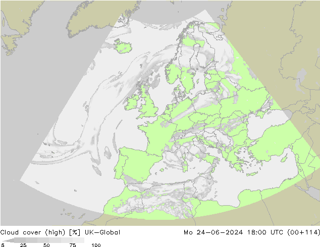 Cloud cover (high) UK-Global Mo 24.06.2024 18 UTC