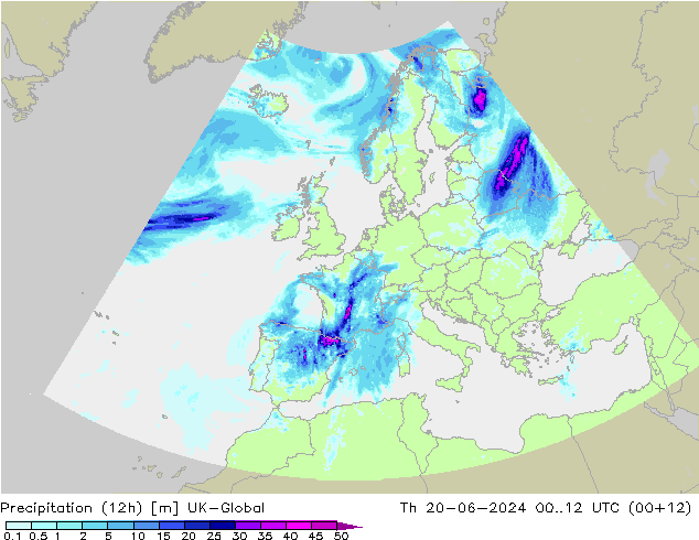 Precipitation (12h) UK-Global Čt 20.06.2024 12 UTC