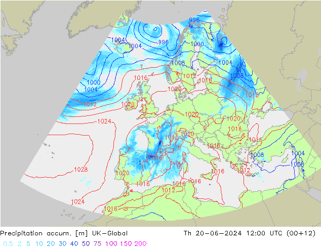 Precipitation accum. UK-Global 星期四 20.06.2024 12 UTC