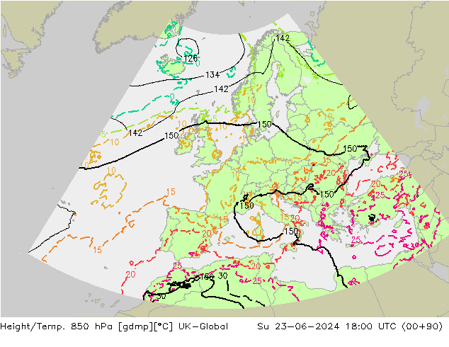 Height/Temp. 850 hPa UK-Global So 23.06.2024 18 UTC