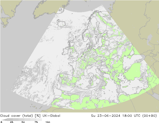 Bewolking (Totaal) UK-Global zo 23.06.2024 18 UTC