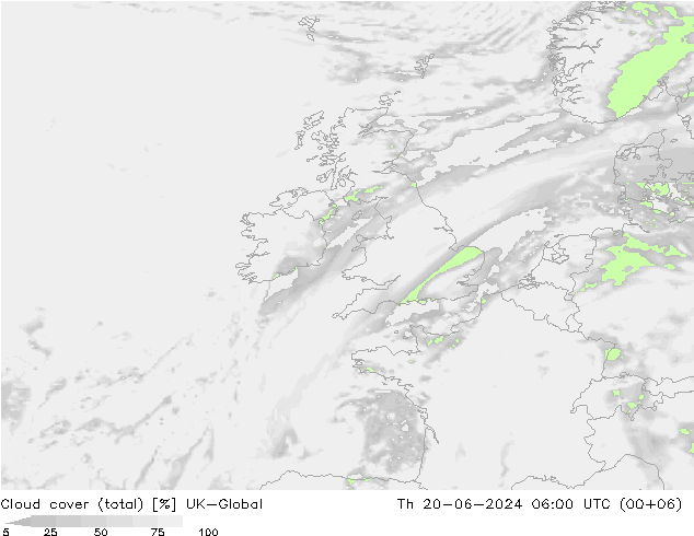 Cloud cover (total) UK-Global Čt 20.06.2024 06 UTC
