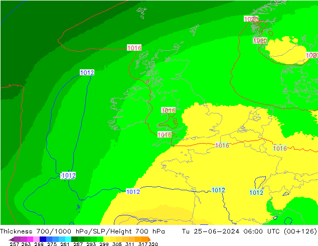 Dikte700-1000 hPa UK-Global di 25.06.2024 06 UTC