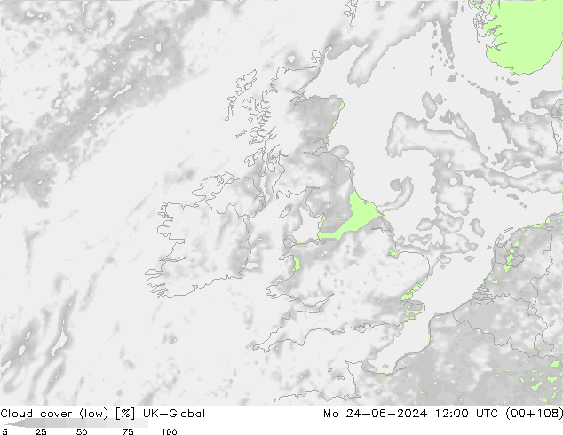 Cloud cover (low) UK-Global Mo 24.06.2024 12 UTC