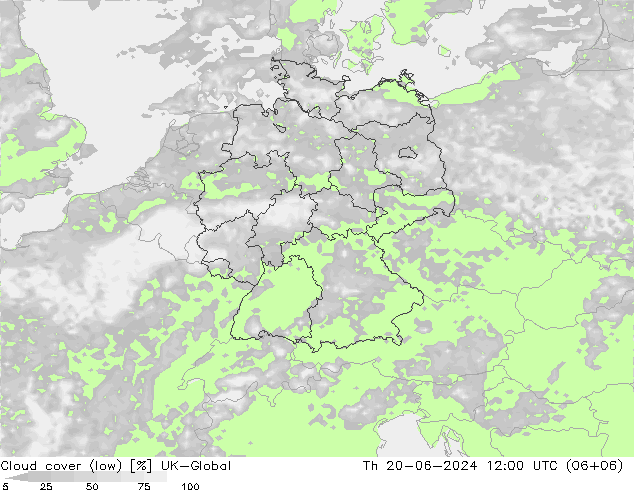 Cloud cover (low) UK-Global Th 20.06.2024 12 UTC