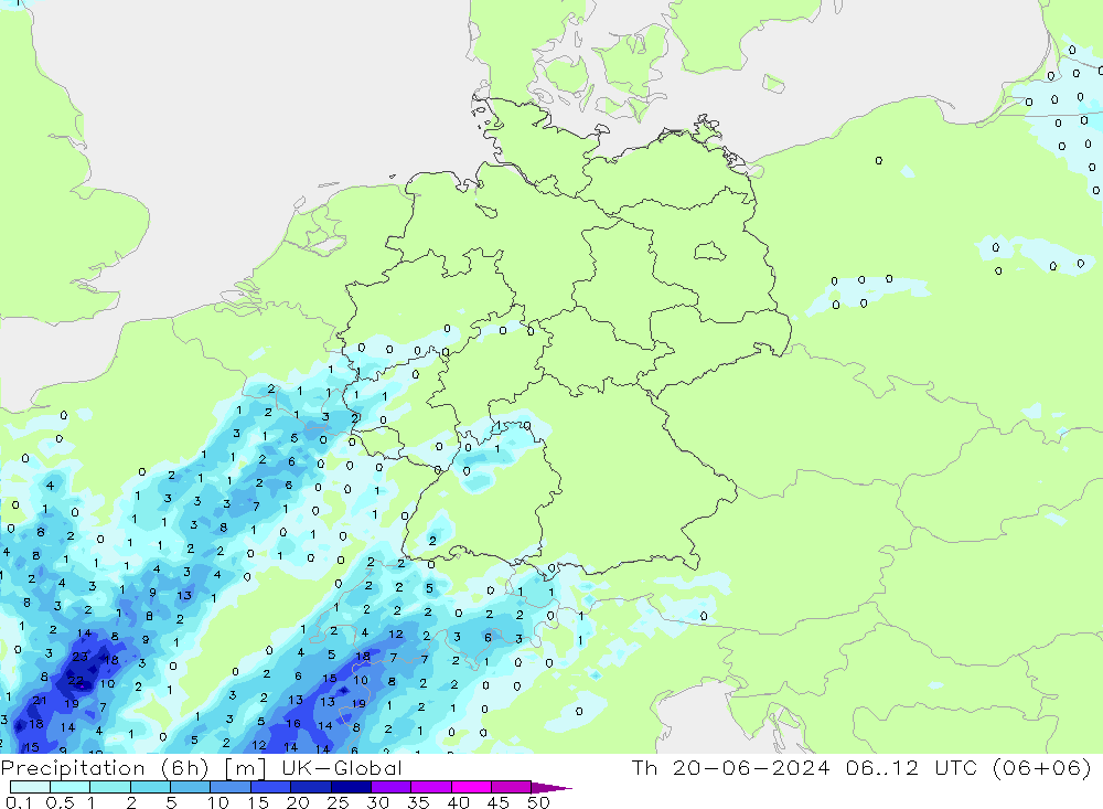 Precipitação (6h) UK-Global Qui 20.06.2024 12 UTC