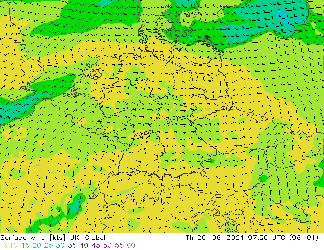 Viento 10 m UK-Global jue 20.06.2024 07 UTC