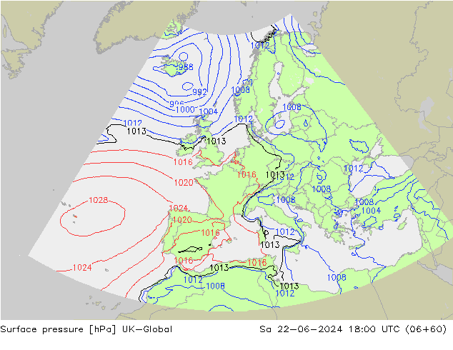 Pressione al suolo UK-Global sab 22.06.2024 18 UTC