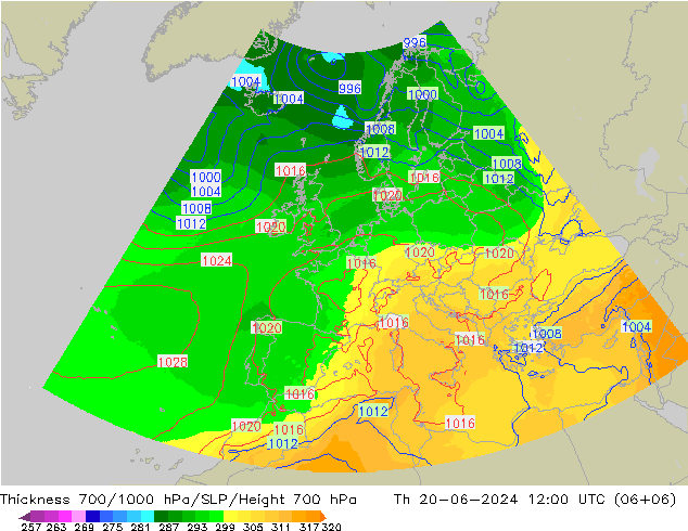 Espesor 700-1000 hPa UK-Global jue 20.06.2024 12 UTC
