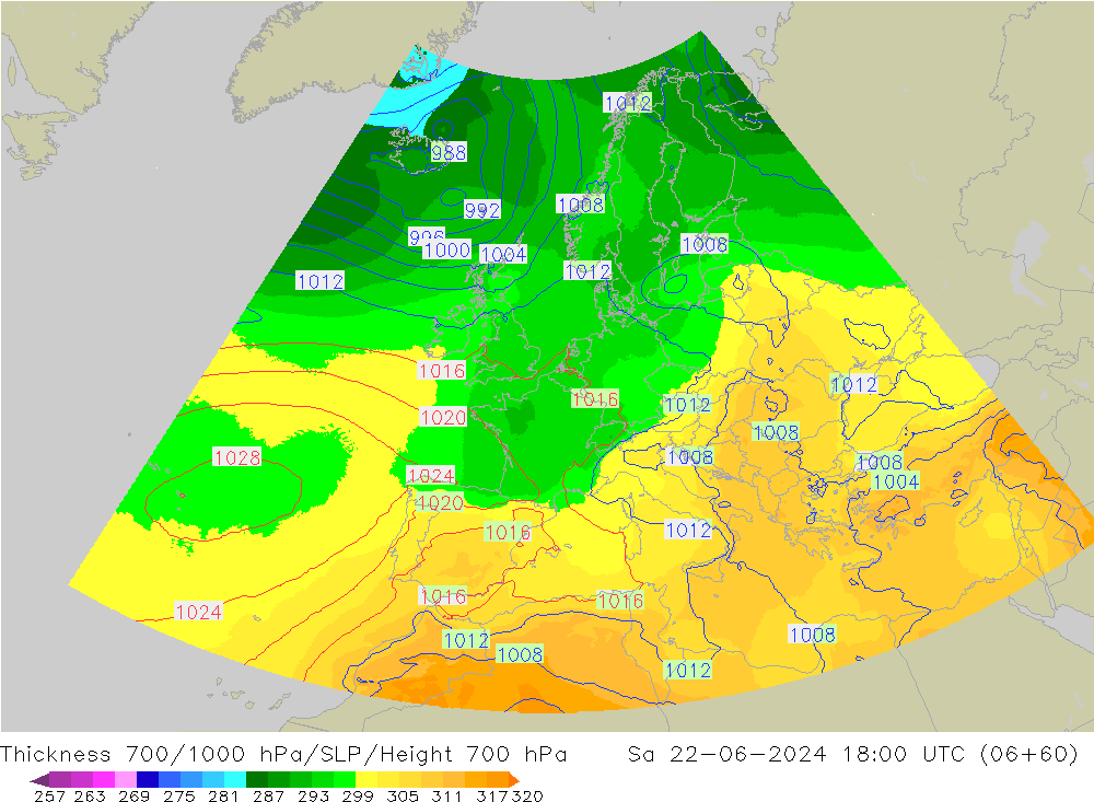 Thck 700-1000 hPa UK-Global Sa 22.06.2024 18 UTC