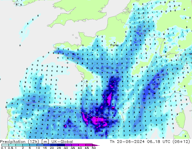 Precipitación (12h) UK-Global jue 20.06.2024 18 UTC
