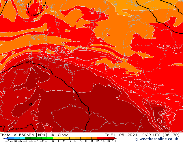 Theta-W 850hPa UK-Global Pá 21.06.2024 12 UTC