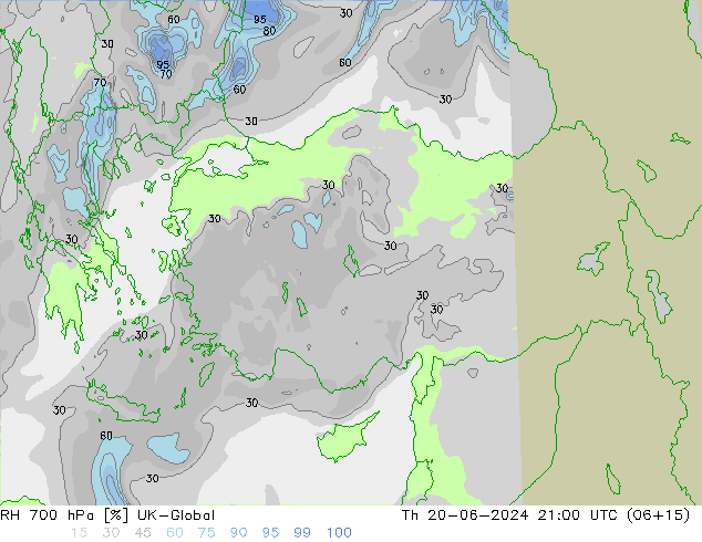 Humidité rel. 700 hPa UK-Global jeu 20.06.2024 21 UTC