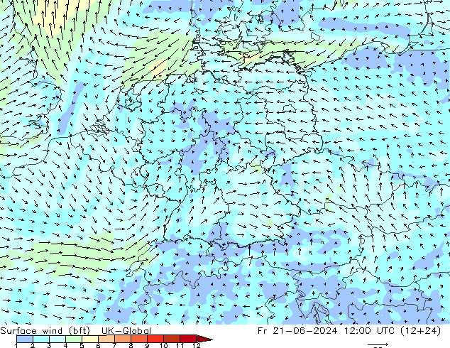 Surface wind (bft) UK-Global Fr 21.06.2024 12 UTC