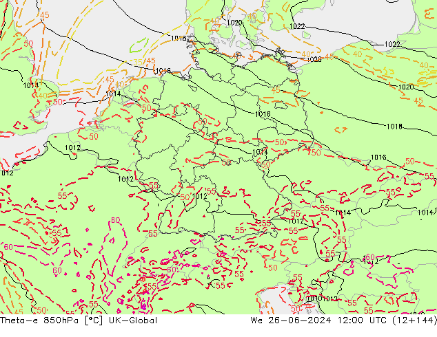 Theta-e 850hPa UK-Global Mi 26.06.2024 12 UTC