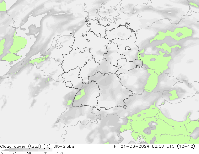 Cloud cover (total) UK-Global Fr 21.06.2024 00 UTC