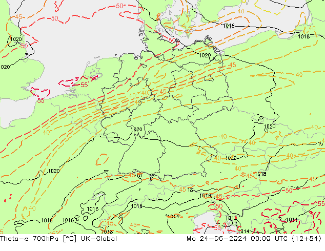 Theta-e 700hPa UK-Global Pzt 24.06.2024 00 UTC