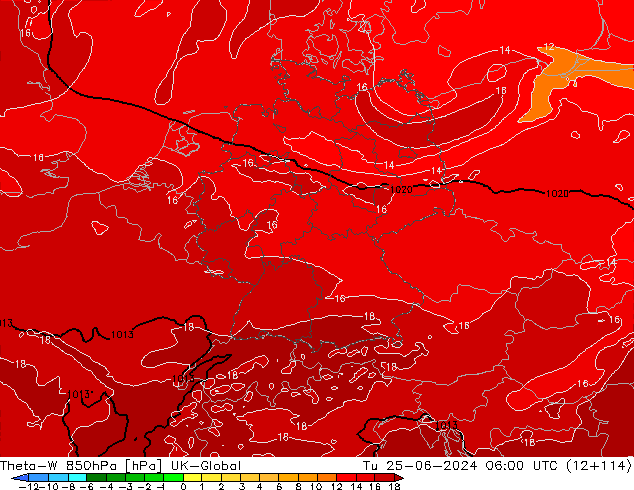 Theta-W 850hPa UK-Global Tu 25.06.2024 06 UTC