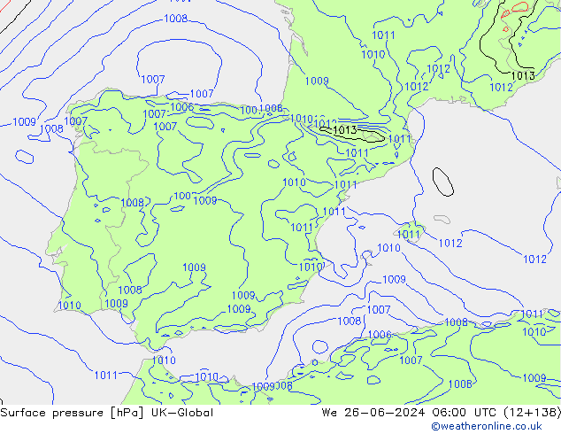 Presión superficial UK-Global mié 26.06.2024 06 UTC
