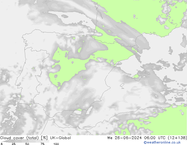 Bewolking (Totaal) UK-Global wo 26.06.2024 06 UTC