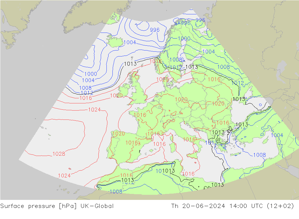 地面气压 UK-Global 星期四 20.06.2024 14 UTC