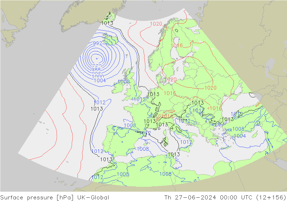 Pressione al suolo UK-Global gio 27.06.2024 00 UTC
