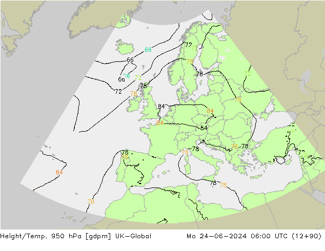 Hoogte/Temp. 950 hPa UK-Global ma 24.06.2024 06 UTC