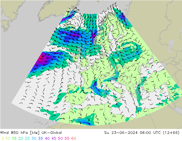 Wind 850 hPa UK-Global Su 23.06.2024 06 UTC