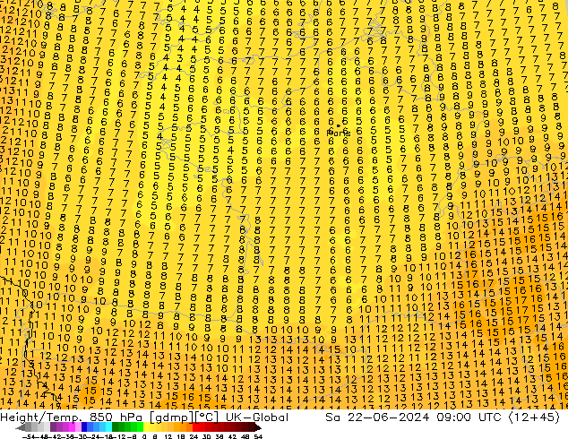 Hoogte/Temp. 850 hPa UK-Global za 22.06.2024 09 UTC