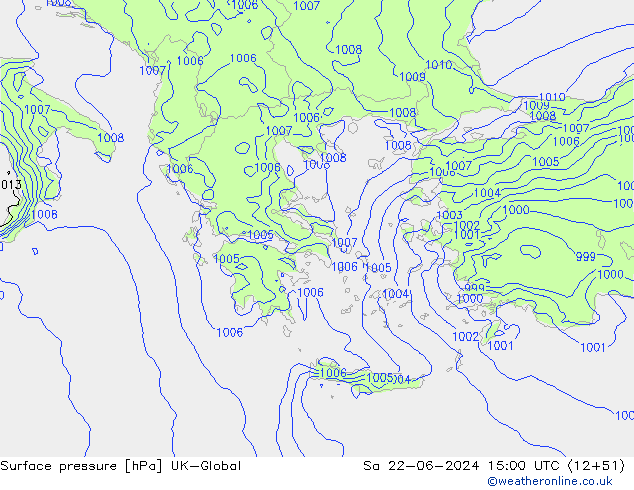 Pressione al suolo UK-Global sab 22.06.2024 15 UTC