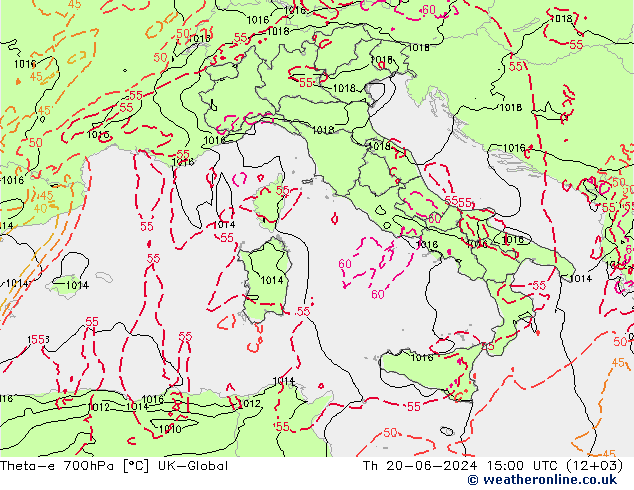 Theta-e 700hPa UK-Global Čt 20.06.2024 15 UTC