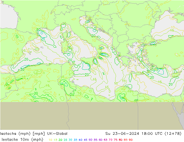 Isotachs (mph) UK-Global Ne 23.06.2024 18 UTC