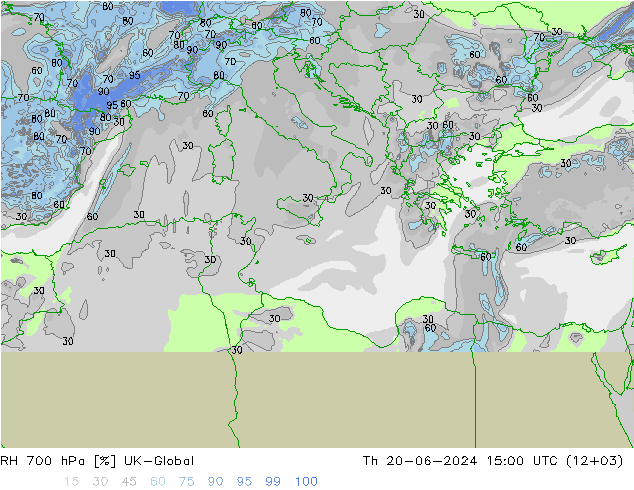 Humidité rel. 700 hPa UK-Global jeu 20.06.2024 15 UTC