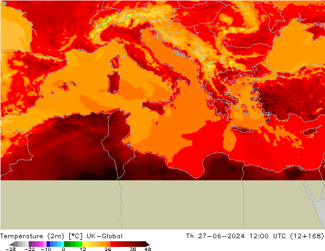 Temperature (2m) UK-Global Th 27.06.2024 12 UTC