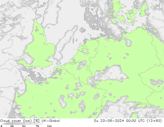Cloud cover (low) UK-Global Su 23.06.2024 00 UTC