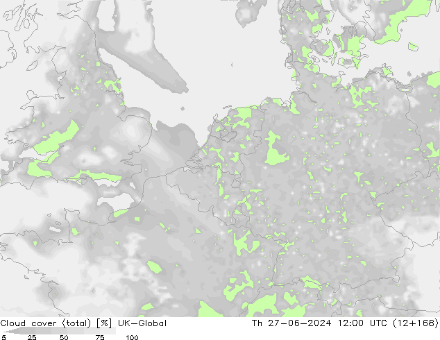 Cloud cover (total) UK-Global Th 27.06.2024 12 UTC