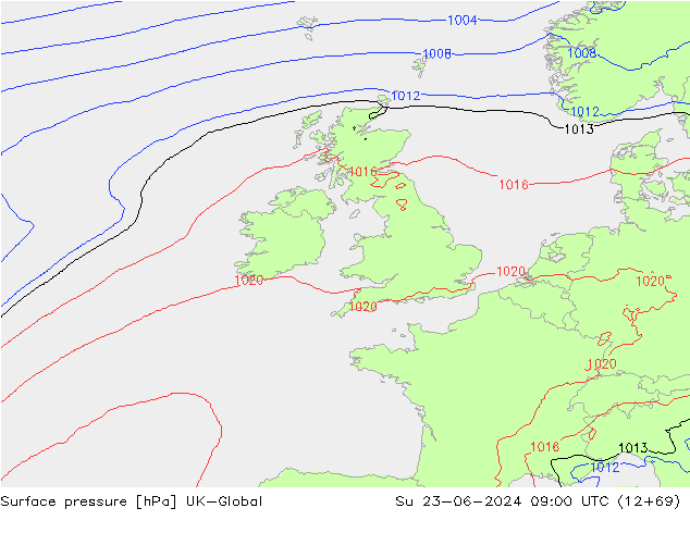 Presión superficial UK-Global dom 23.06.2024 09 UTC