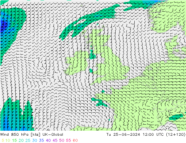 Wind 850 hPa UK-Global Tu 25.06.2024 12 UTC