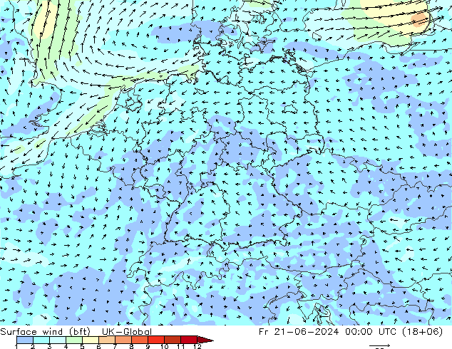 Surface wind (bft) UK-Global Pá 21.06.2024 00 UTC