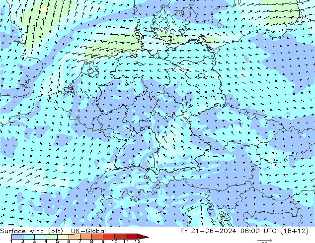 Surface wind (bft) UK-Global Fr 21.06.2024 06 UTC
