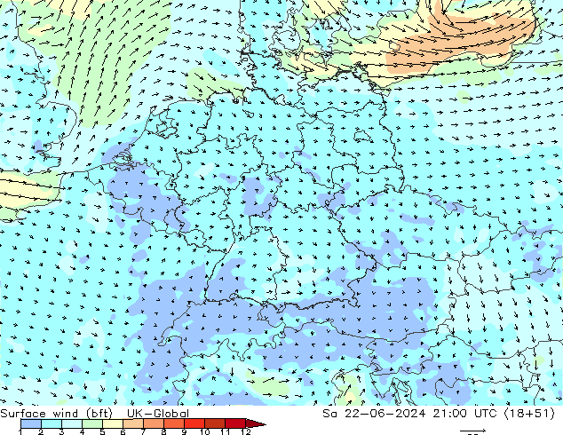 Wind 10 m (bft) UK-Global za 22.06.2024 21 UTC