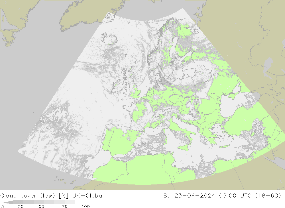 Cloud cover (low) UK-Global Su 23.06.2024 06 UTC